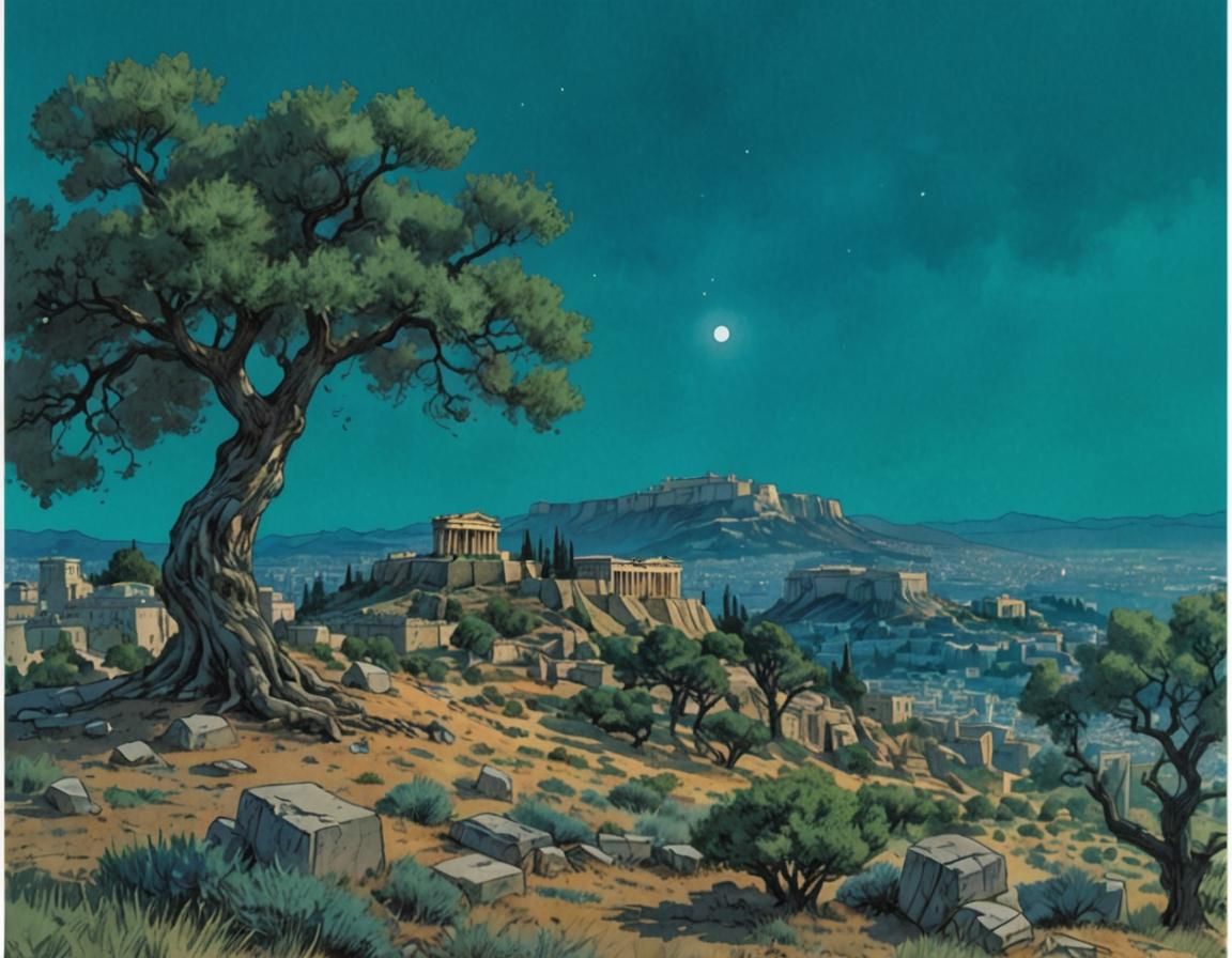 Athens Acropolis Olive Tree in Watercolor Comic Style