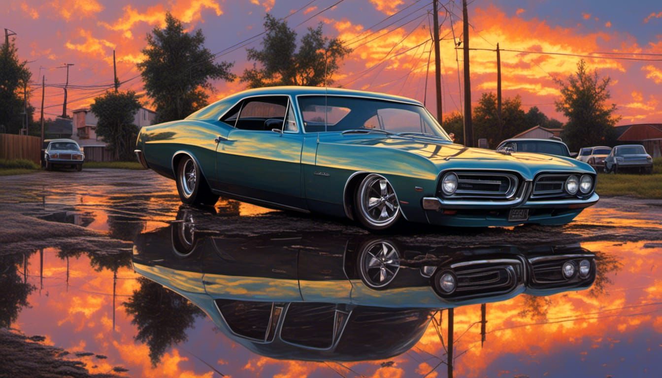Vintage Muscle Car Sunrise Reflection in Photorealism