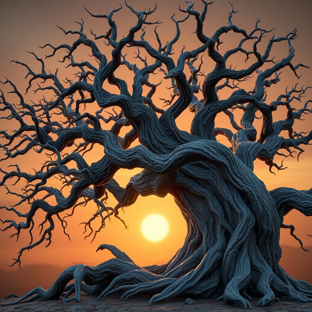 Ancient Tree in Sunset Glow, Detailed 3D Rendering