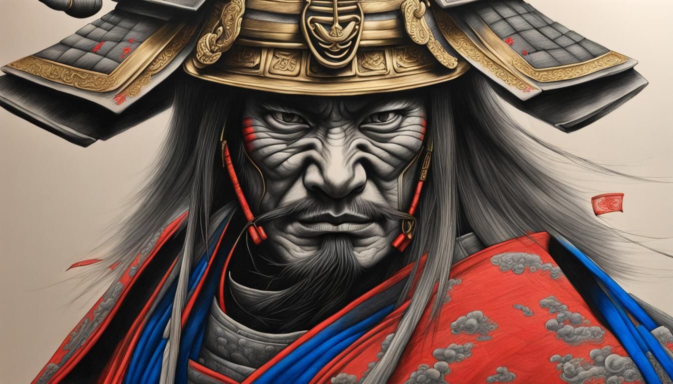 Hyperdetailed Charcoal Drawing of Samurai and Tower