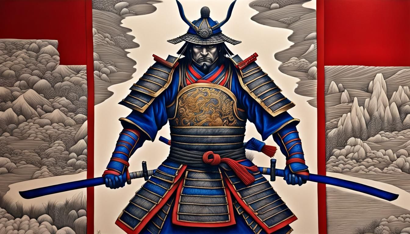 Hyperdetailed Charcoal Samurai with Red and Gold