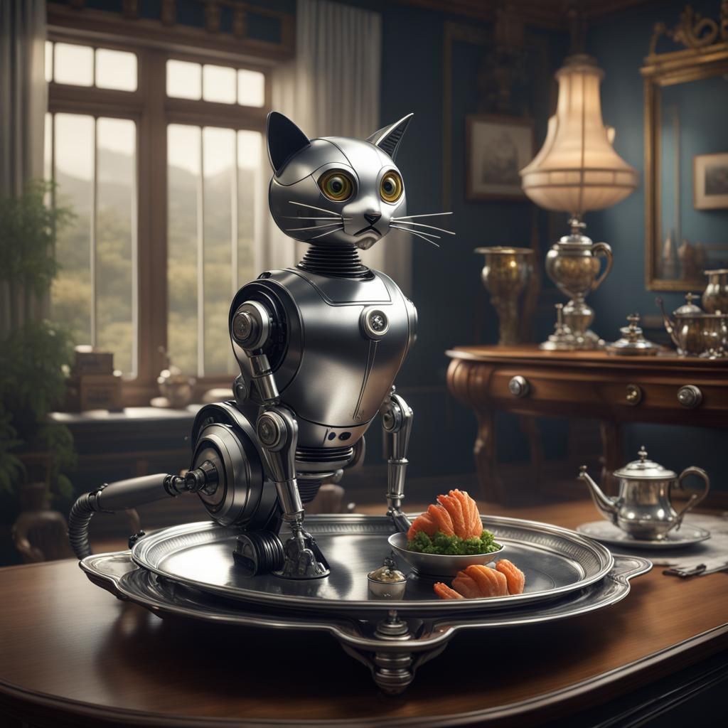 Robot Butler Serves Fish in 1940s Photo Style