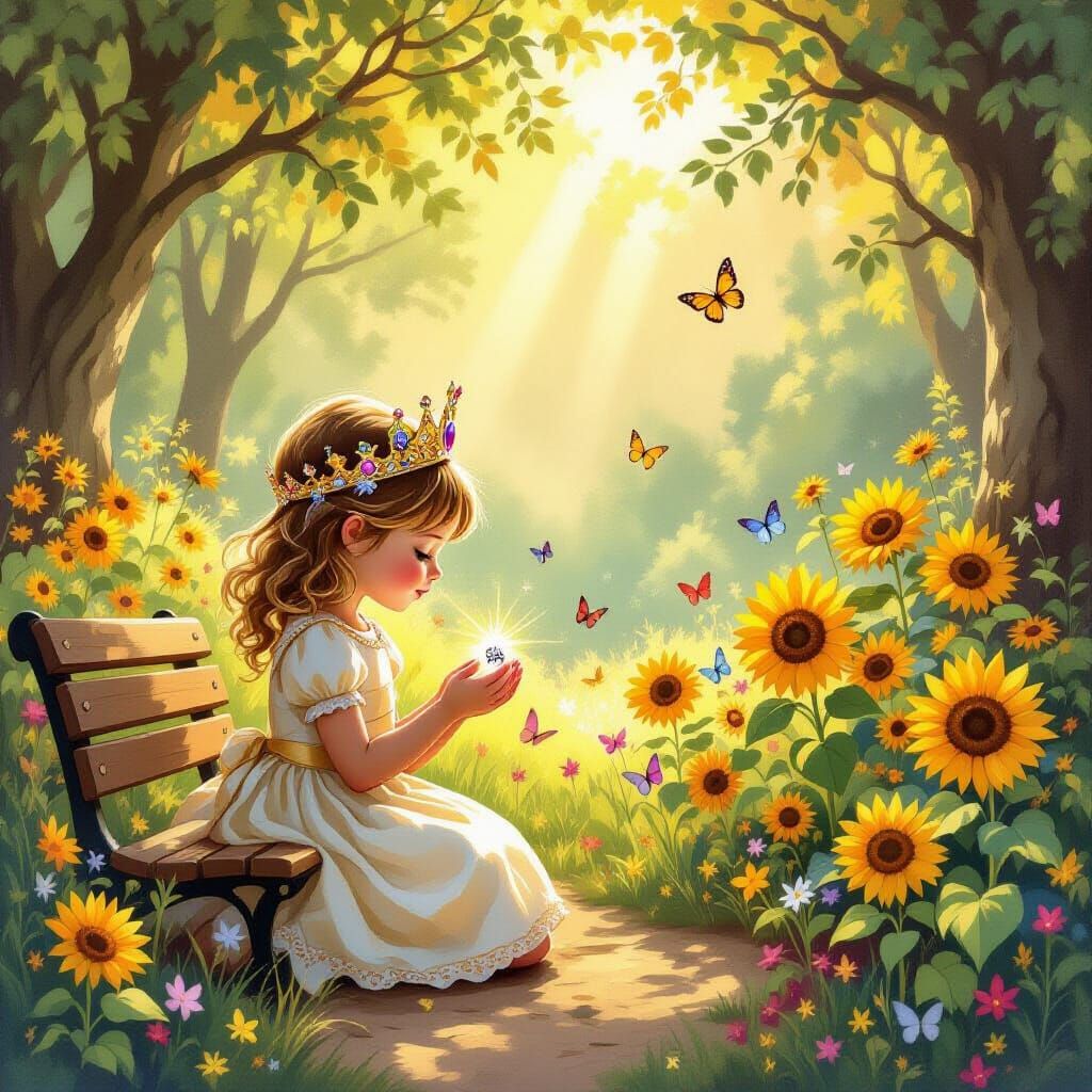 Girl in Jewel Crown Holds Gem in Sunny Forest Clearing