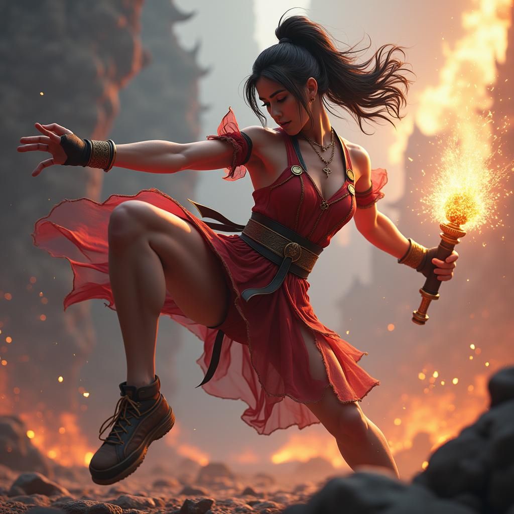 Female Fighter Kicking in Detailed Matte Painting