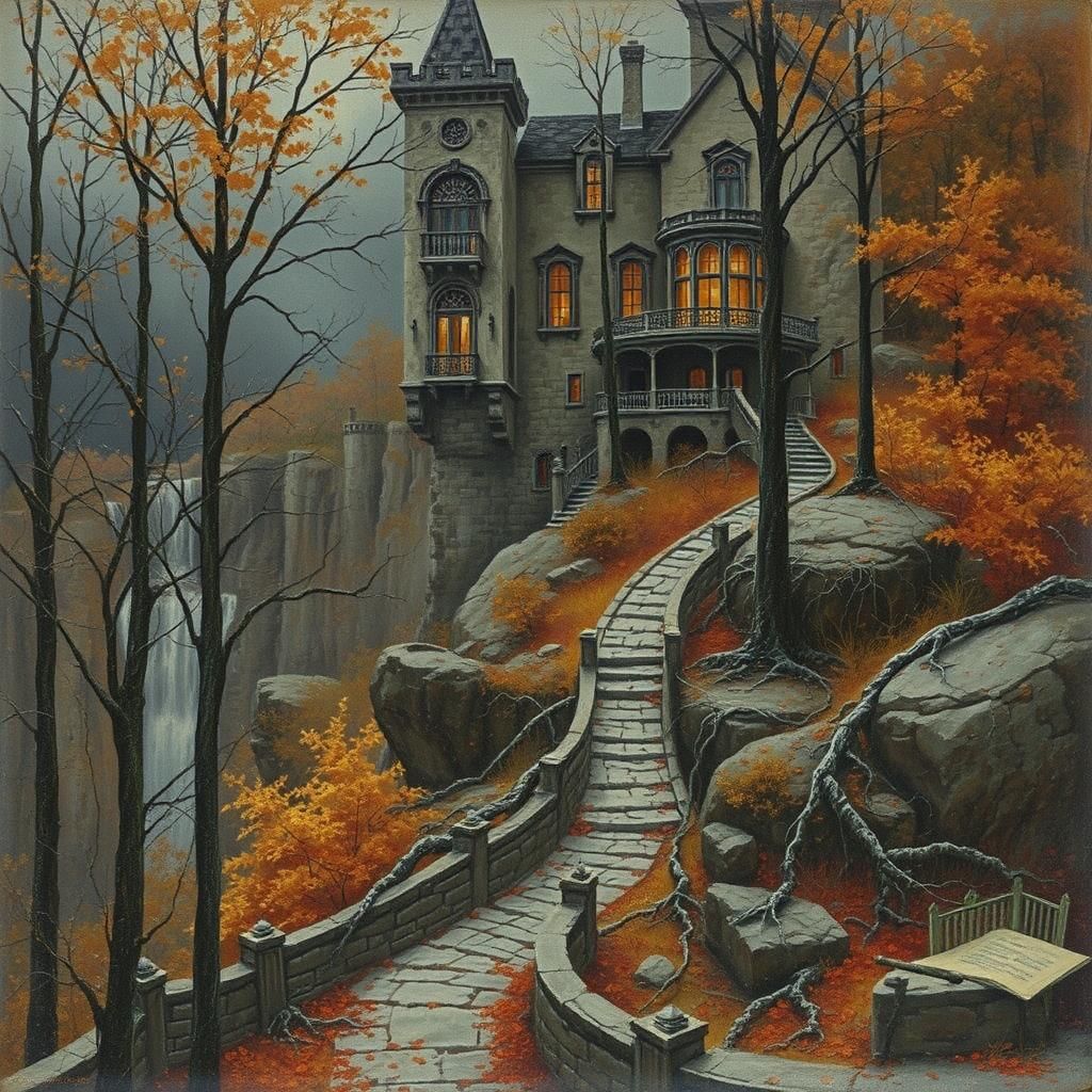 Dreamlike old house build on a steep cliff, path of cobblest...