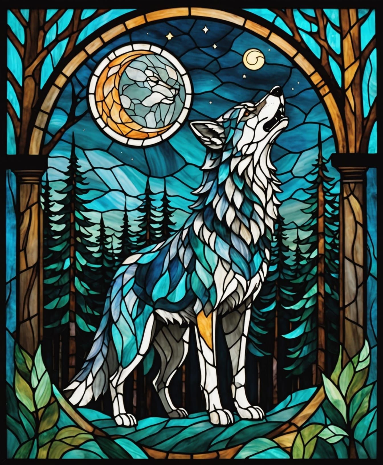 Stained glass wolf howling at a crescent moon, forest backgr...