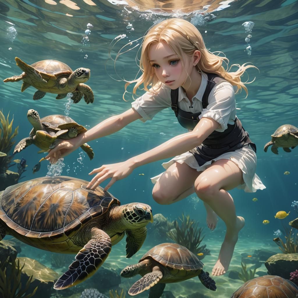 Underwater Scene: Girl Helps Turtle in Anime Style