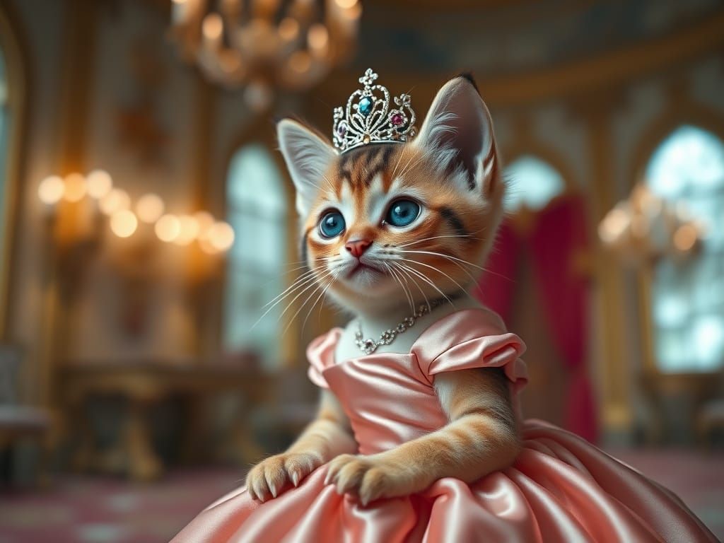 Whimsical Feline Princess in Elegant Ballgown