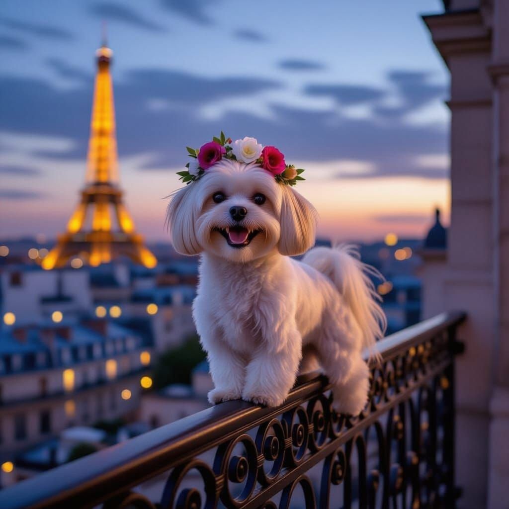 Maltese Dog with Floral Crown on Paris Balcony at Twilight