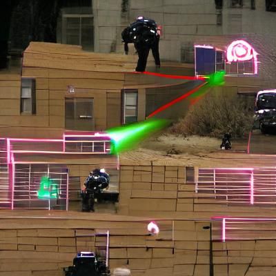 Cyborg Laser Fight in Cyberpunk Cityscape