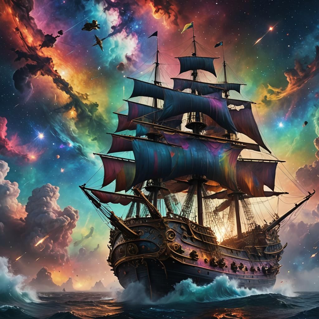 Galleon Soaring Through a Multicolored Nebula
