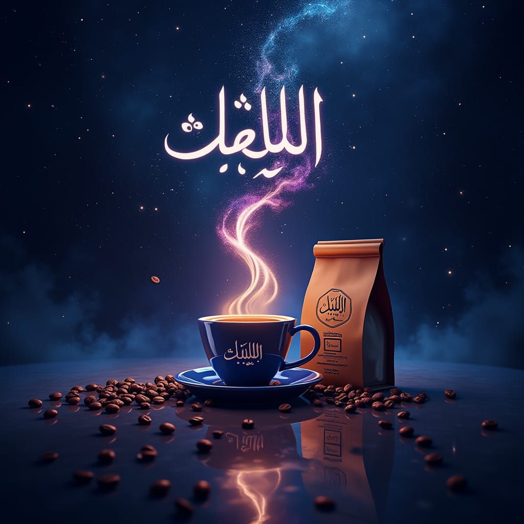 Cosmic Arabic Logo and Coffee Cup in Deep Space