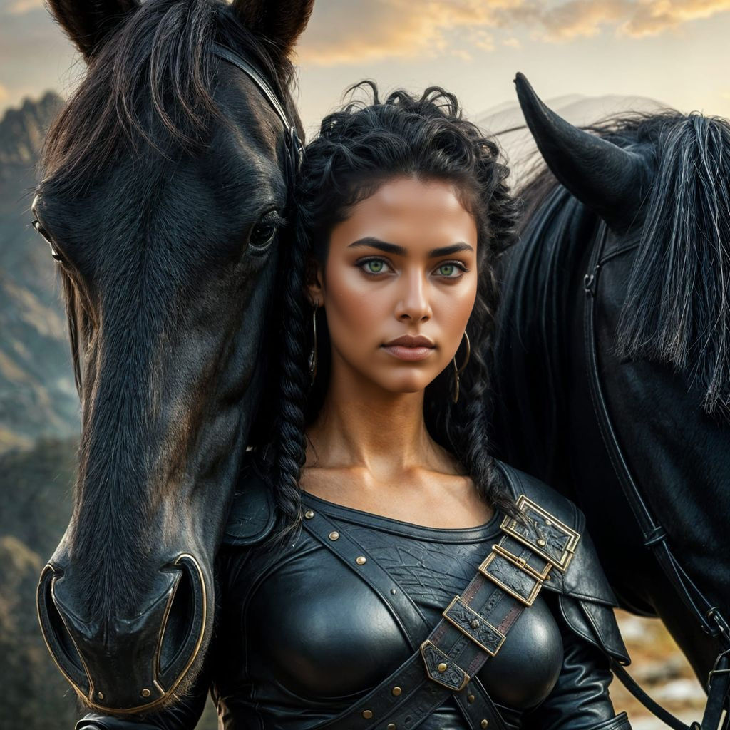 Woman in Armor with Horse, Ancient Greece Backdrop