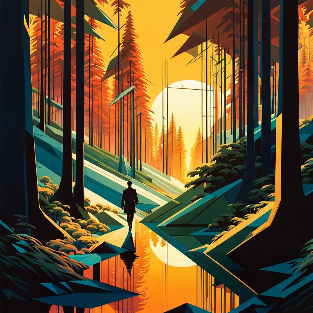 Geometric Forest Sunrise in Art Deco Style