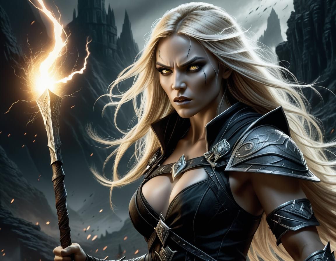 Monochrome Sorceress Battles Orc in Dark Landscape