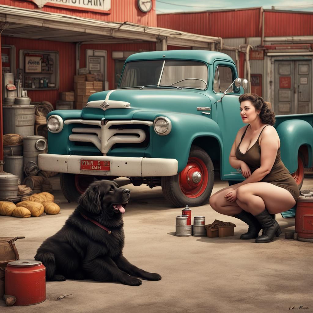 A  mechanic repaireing a truck, a newfoundland dog Sitting on the bed of the truck.