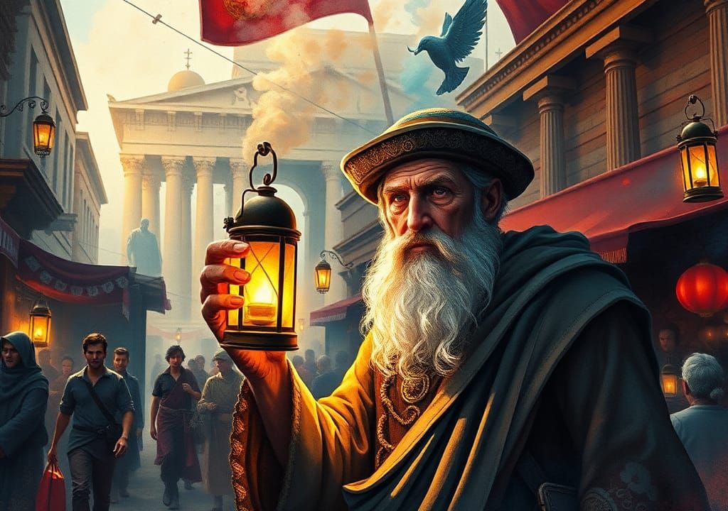 Diogenes with Lantern in Ancient Athens Market
