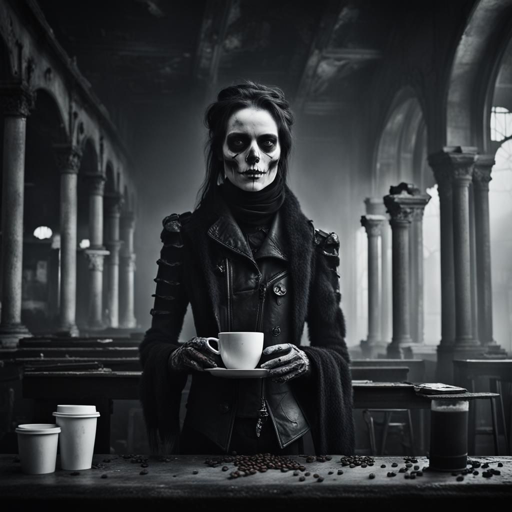 Gothic Model in Coffee Shop B&W Photo