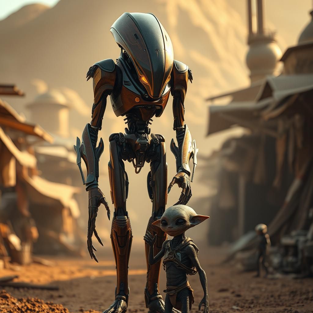 Cyborg and Alien Child in Fantasy Village