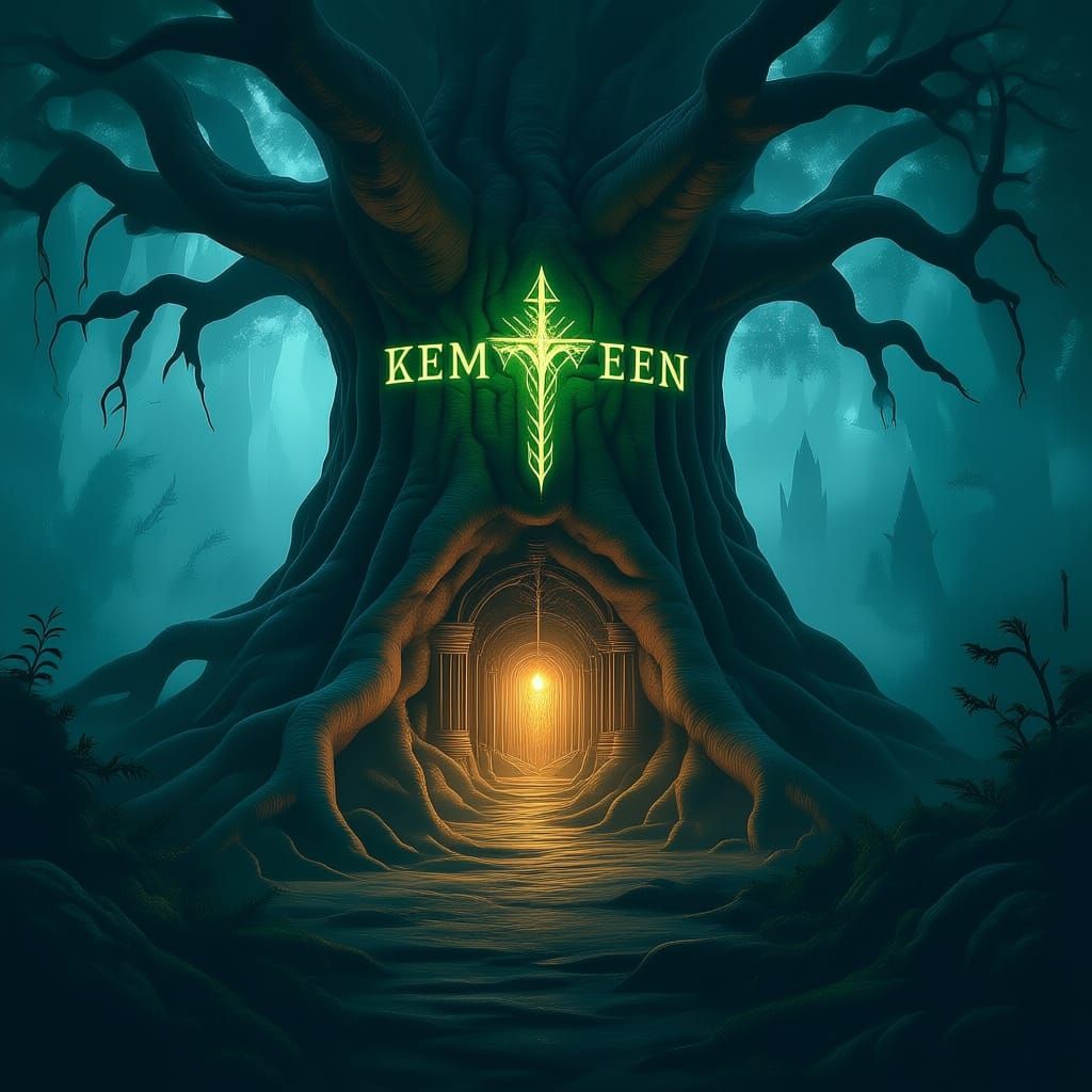 Ancient Runed Tree Fortress with Bioluminescent Fungi