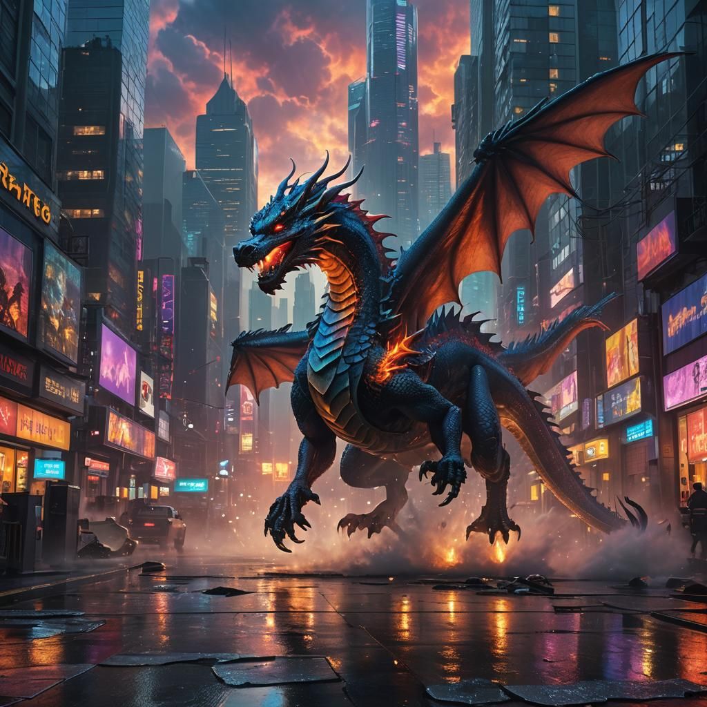 Futuristic Cityscape with Dragon in Cyberpunk Style