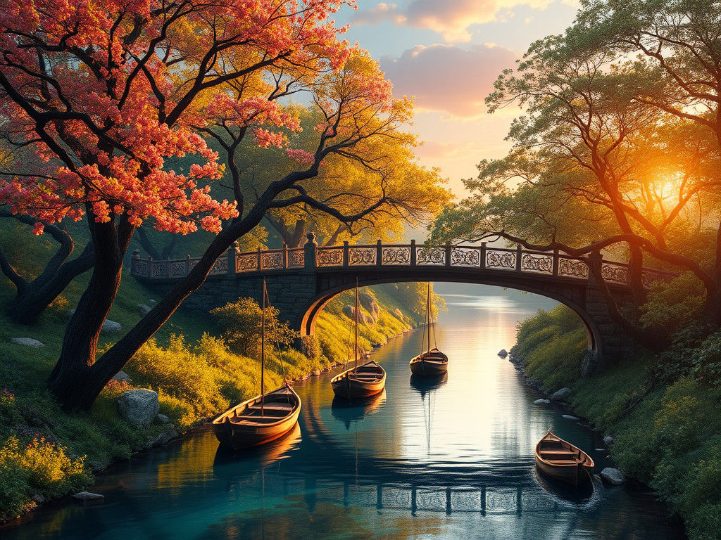 Lush Forest Stream with Ornate Bridge at Sunset
