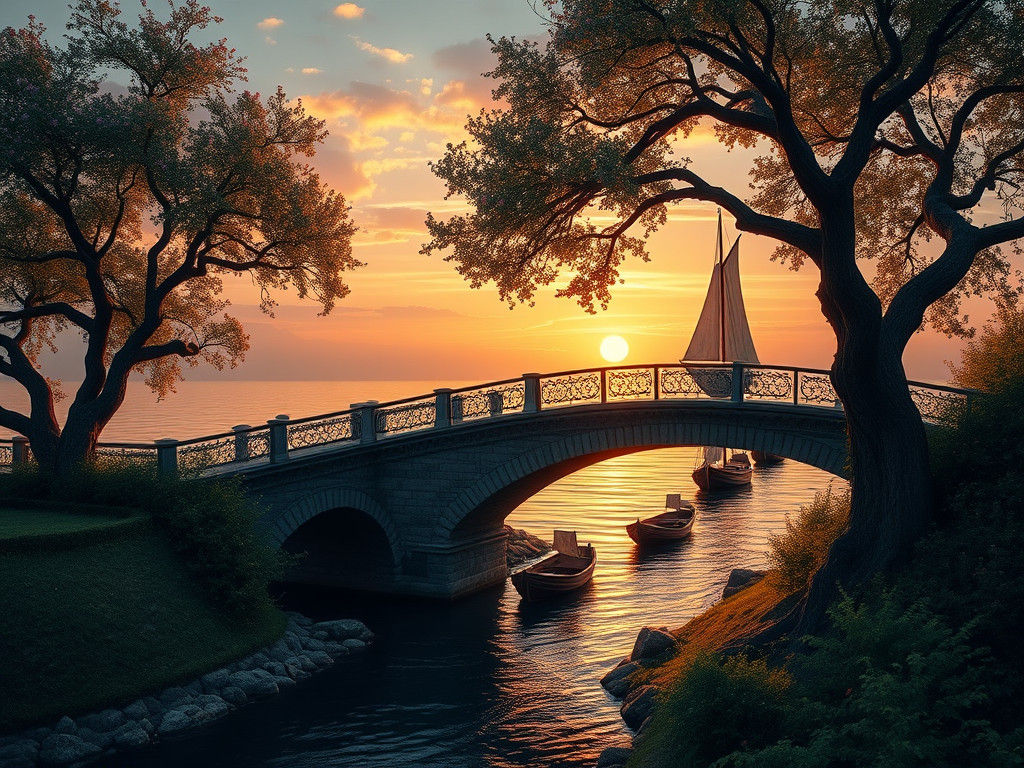 Arched Bridge at Sunset in Romantic Style