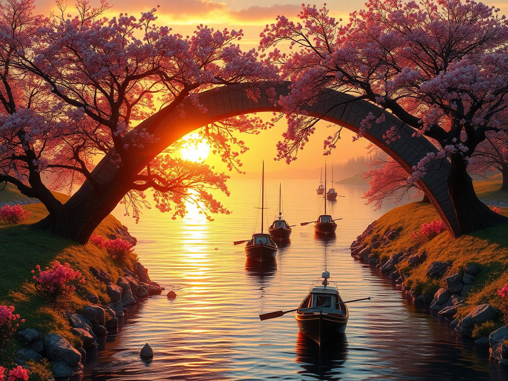 Blossoming Bridge Sunset in Romantic Style