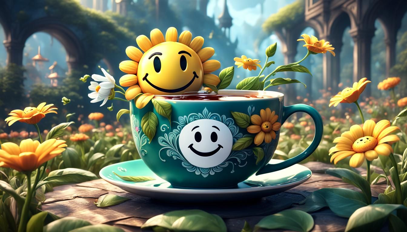 Happy Flower with Tea Cup in Detailed Digital Art