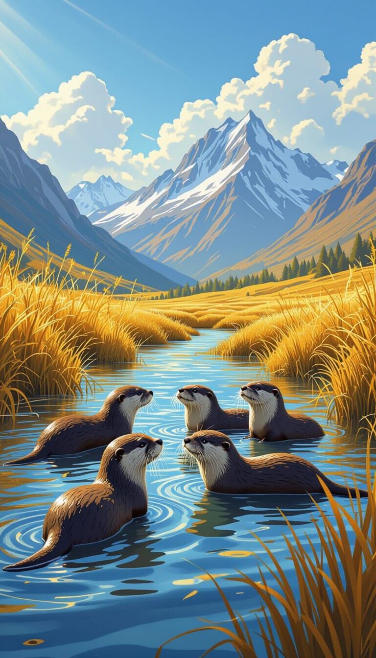 Otters Playing by River with Mountains in Background