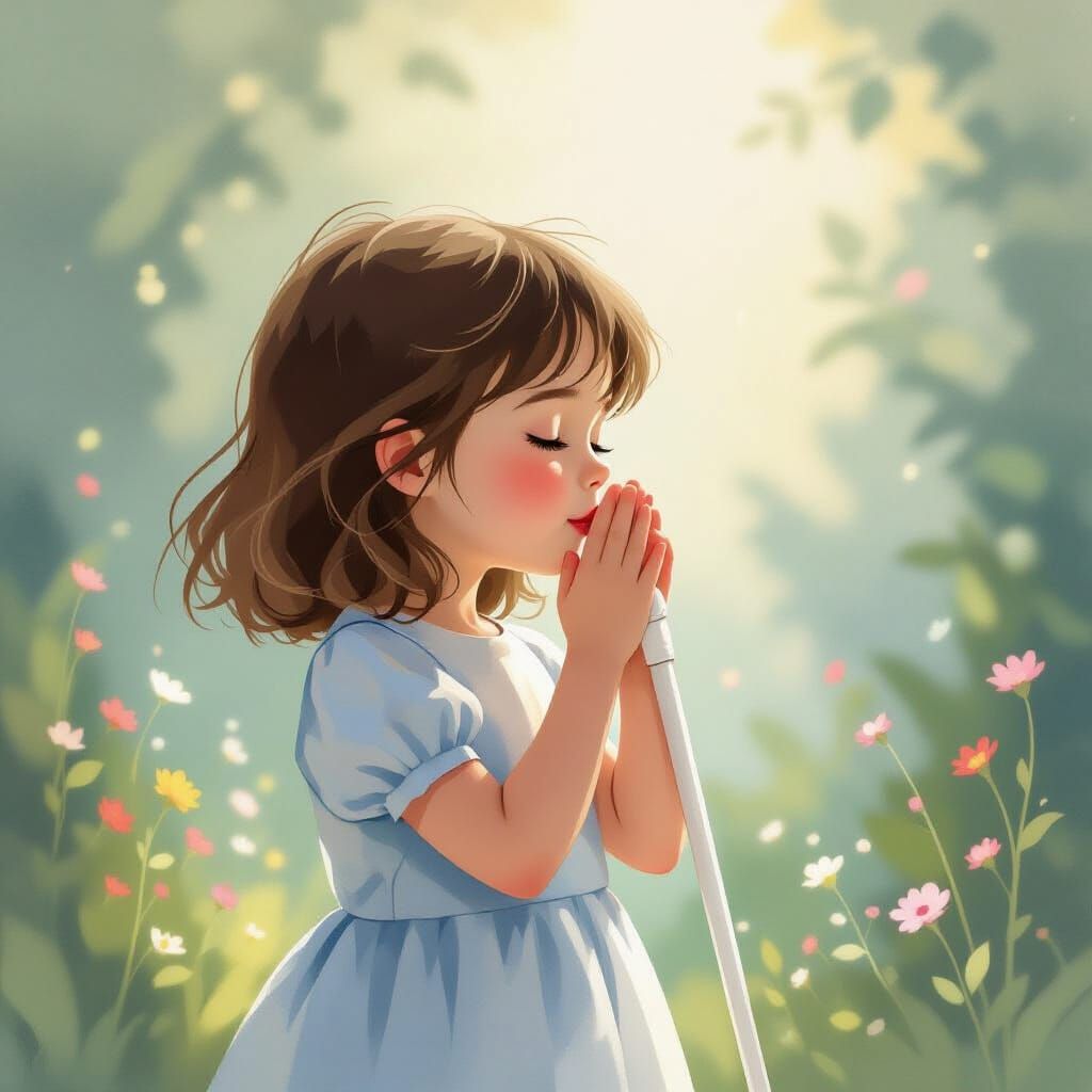 Girl Whispering Secrets Holding White Cane in Soft Light