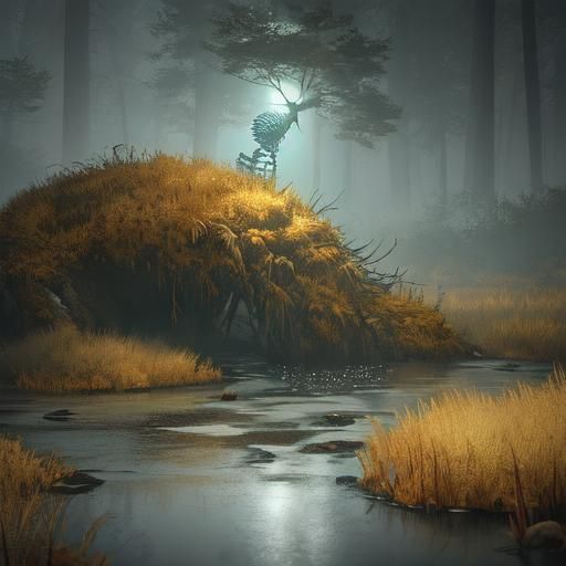 Skeleton in Misty River: Hyper-Realistic Digital Art