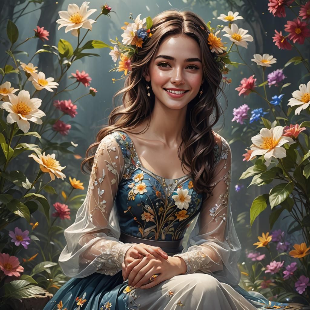 Beautiful Brunette with Flower, Detailed Matte Painting
