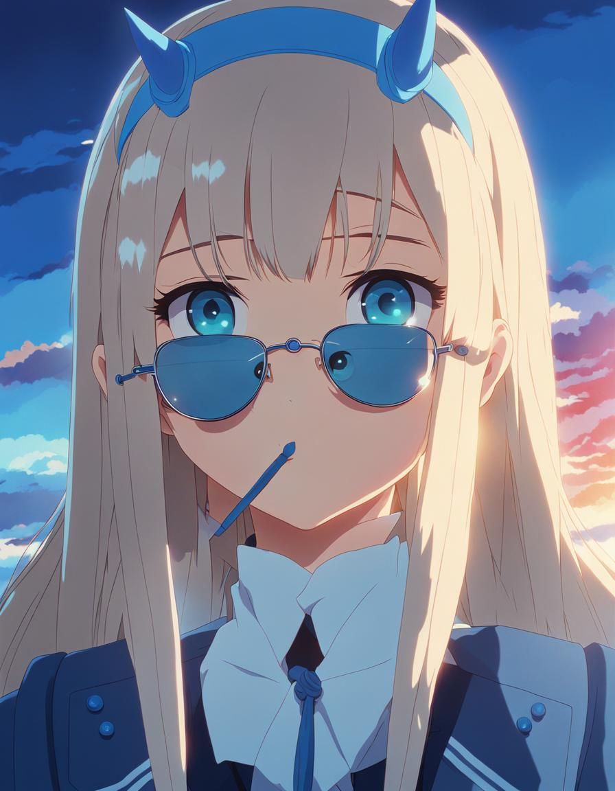 Anime Girl with Blue Braids and Horns