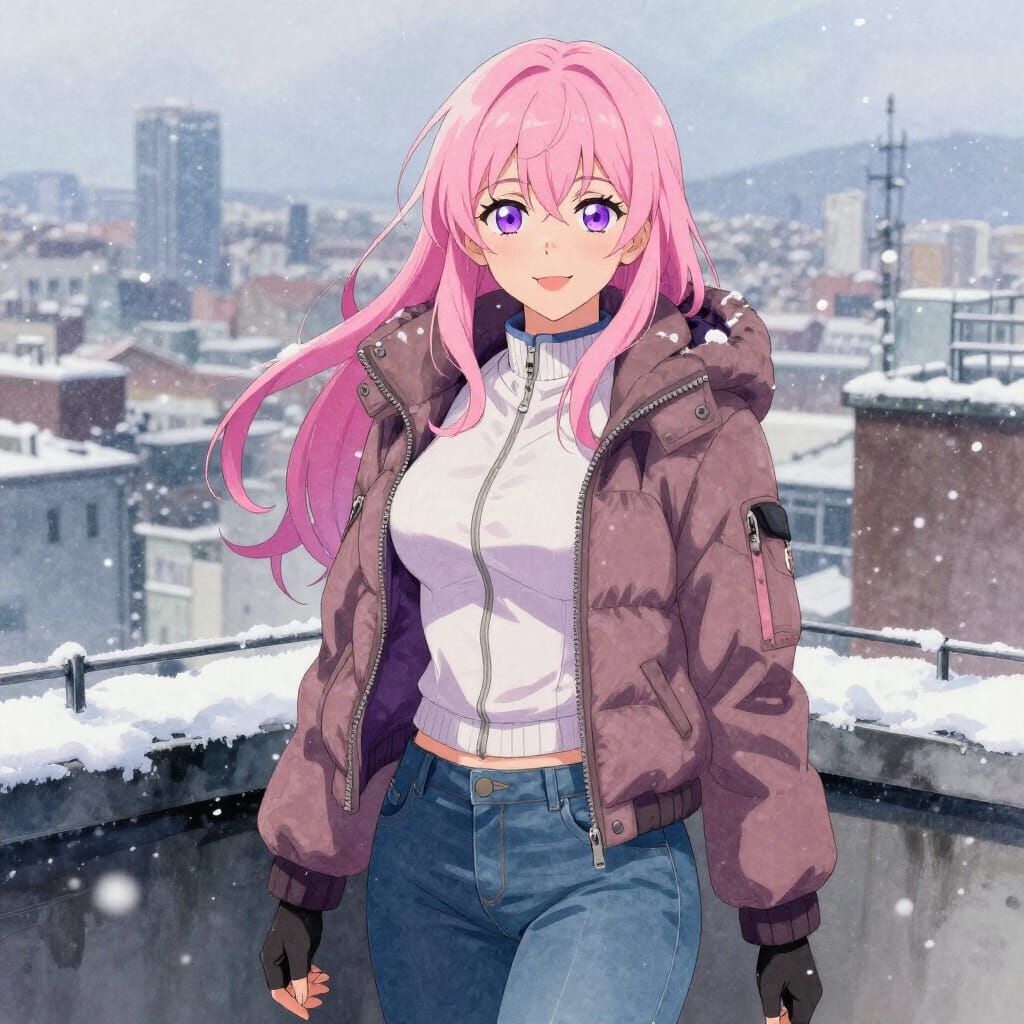Woman in Winter Jacket on Snowy Rooftop
