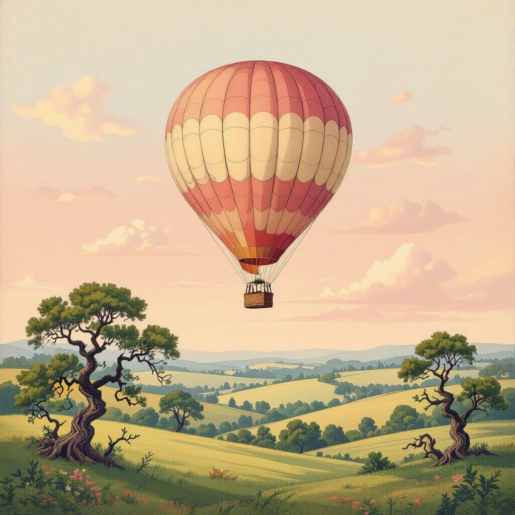 Vintage Hot Air Balloon Over Rolling Landscape in Ink Drawin...