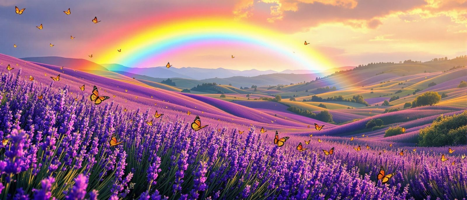 Vibrant Lavender Fields with Butterflies and Rainbow