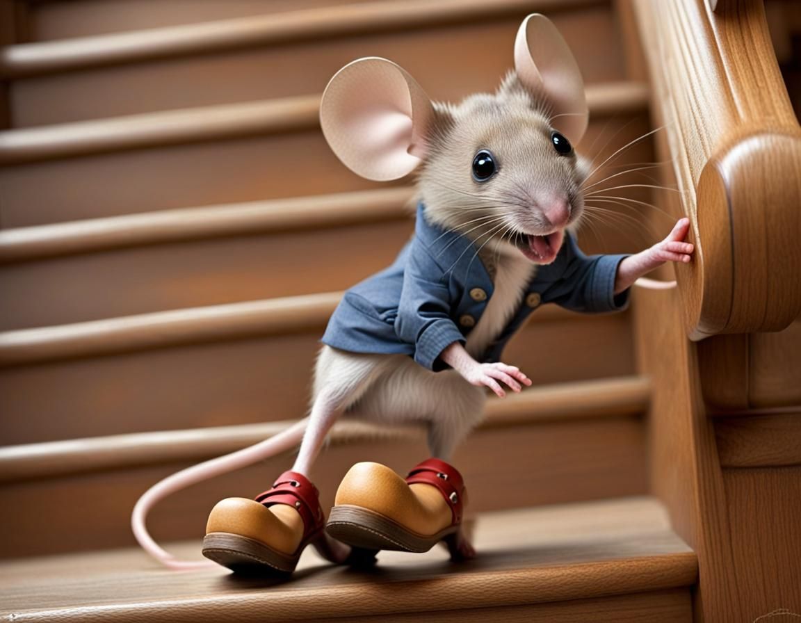 Mouse in Clogs on the Staircase