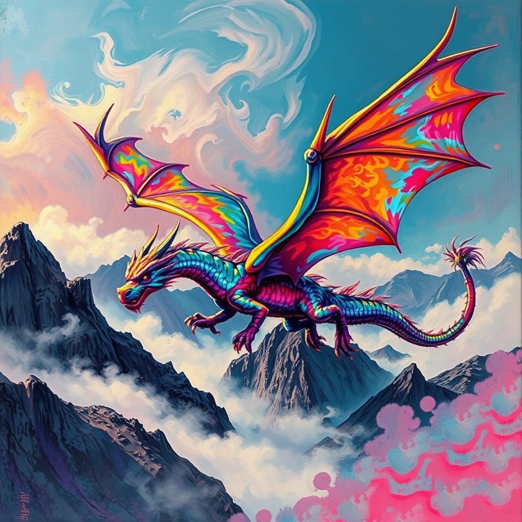 Iridescent Dragon Soaring Over Mountains in Street Art Style