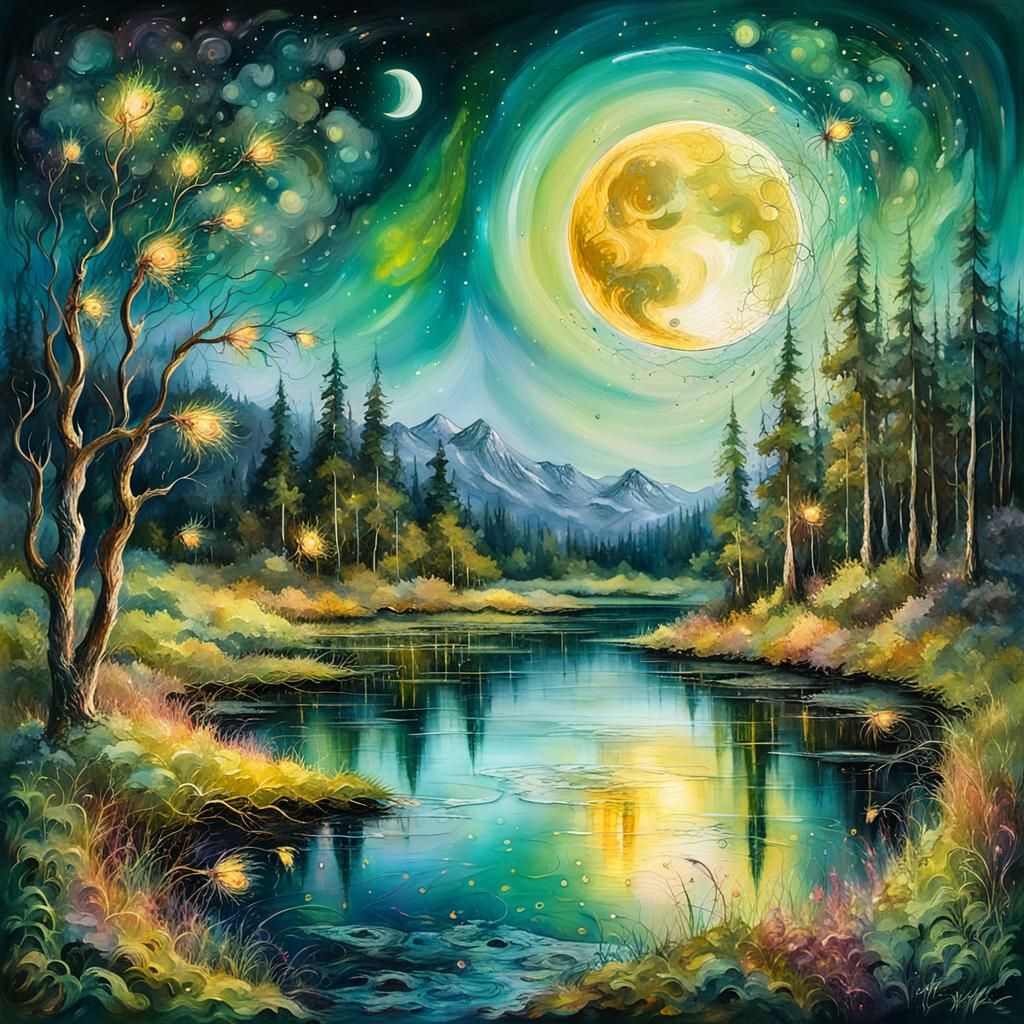 Ethereal Impressionist Landscape with Fireflies and Moon