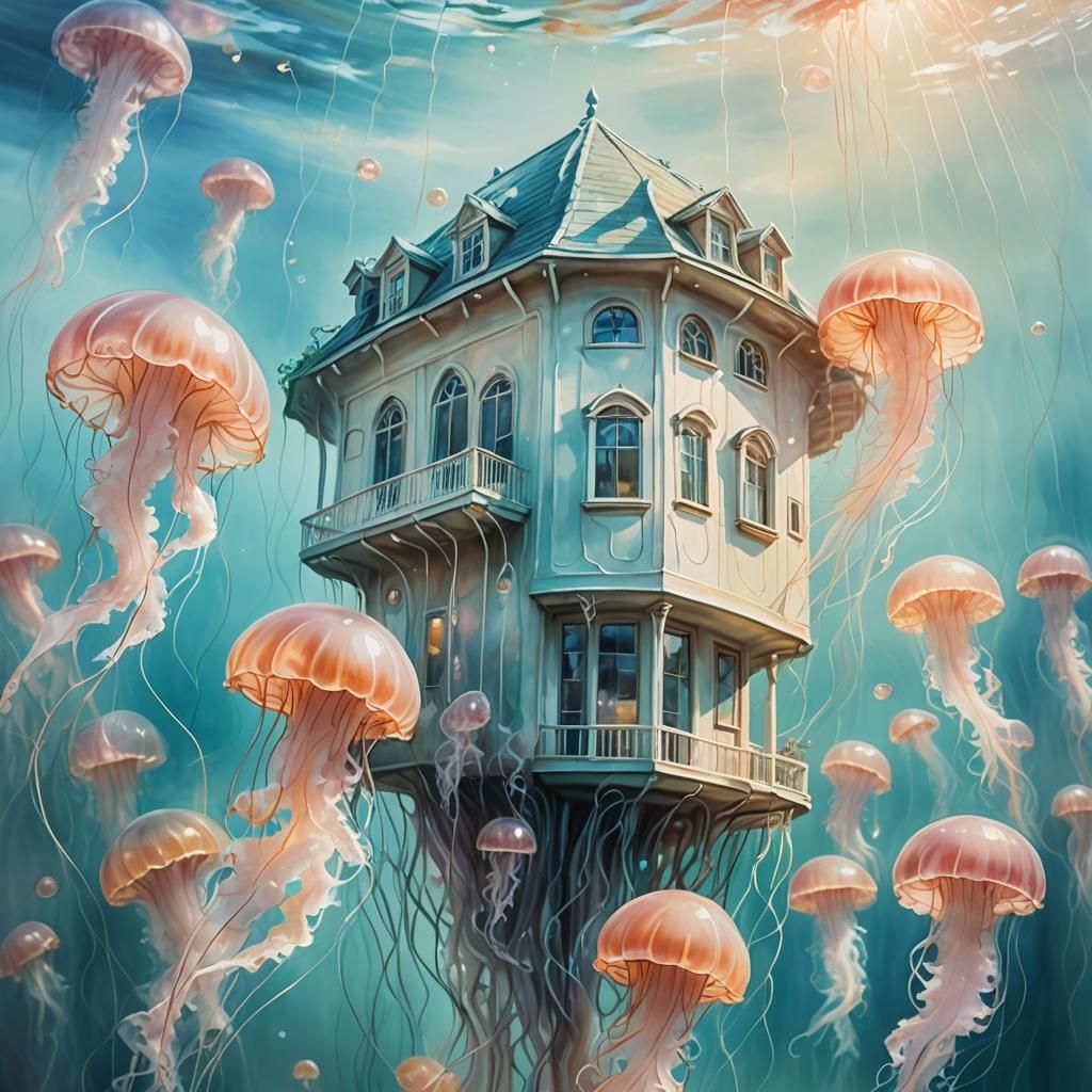 Ethereal Jellyfish House Underwater in Soft Focus Surrealism