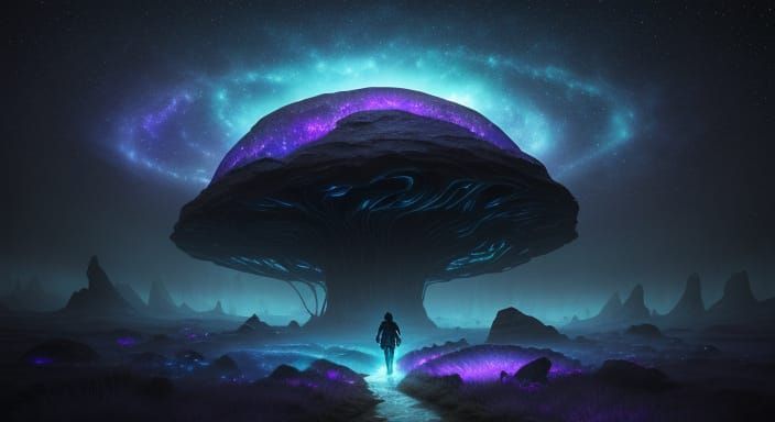 Surreal Traveler in Eerie Dystopian Landscape