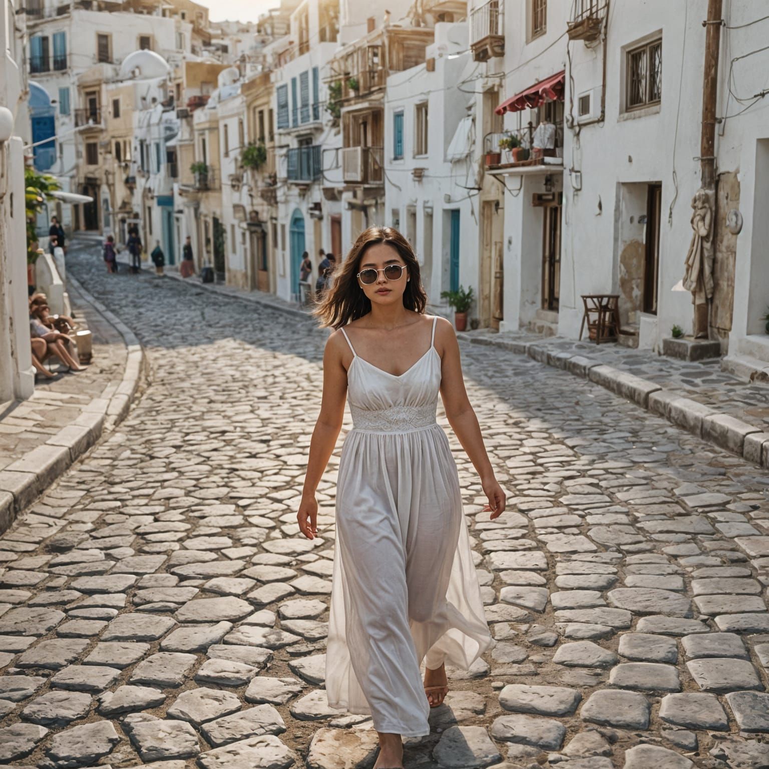 Asian Woman Shopping in Santorini: Cinematic Film Still