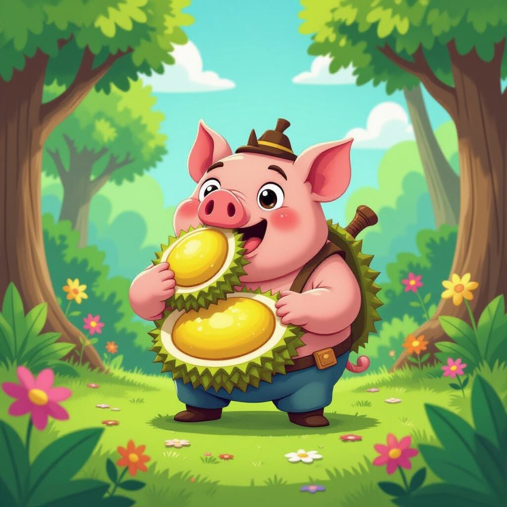 Cartoon Character Devouring Durian in Whimsical World