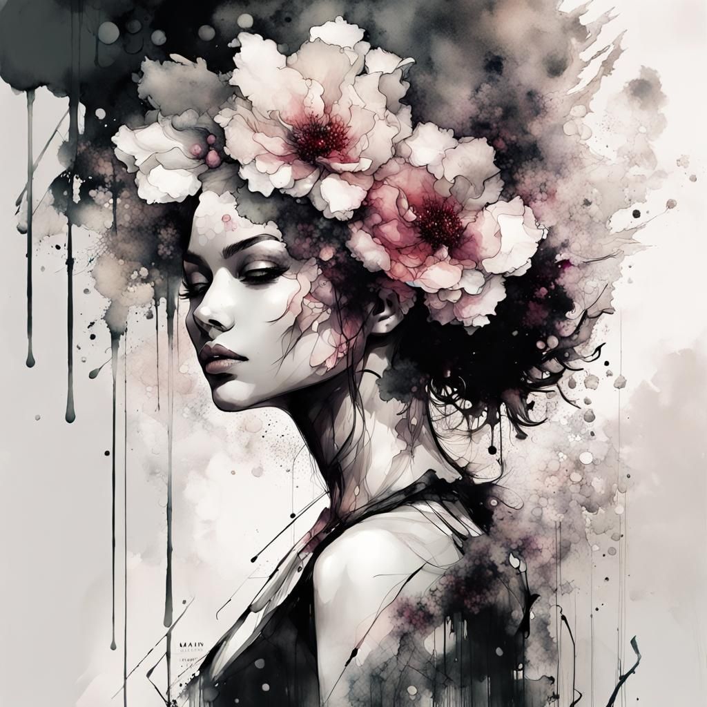 Woman Flower Hybrid in Alcohol Ink Art