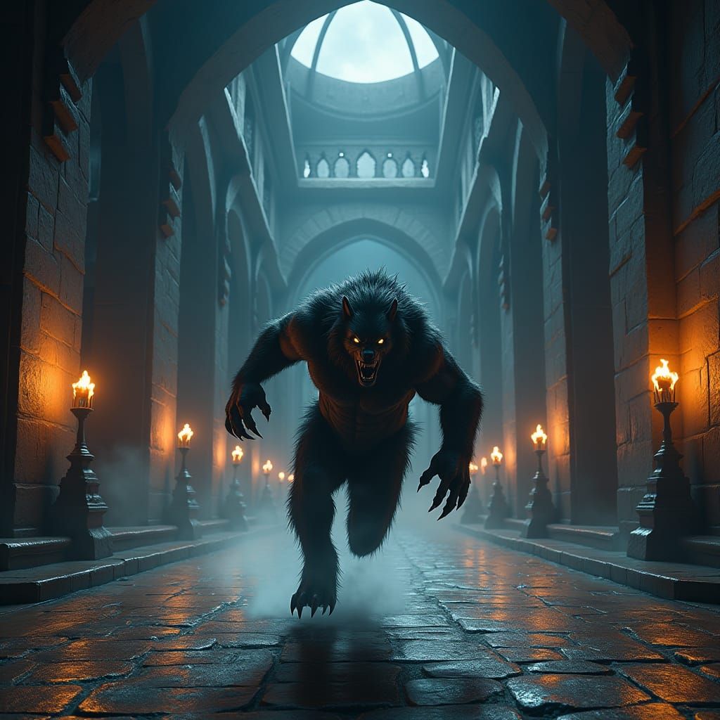 Werewolf in Dwarven Fortress Hall, Gothic Concept Art