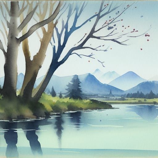 Watercolor Sunrise Over Misty Landscape