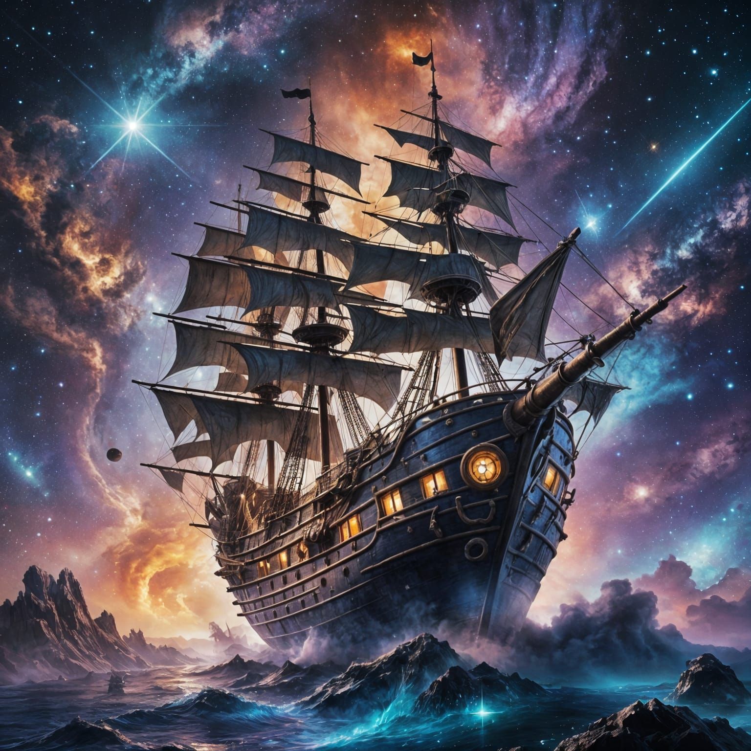 Pirate Ship Sailing Through the Galaxy