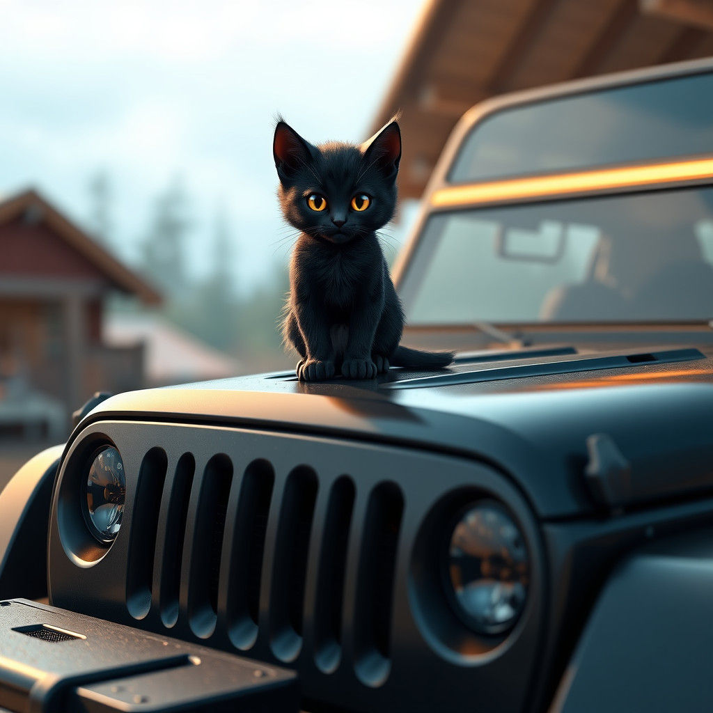Black Kitten on Jeep Hood: 3D Anime Art