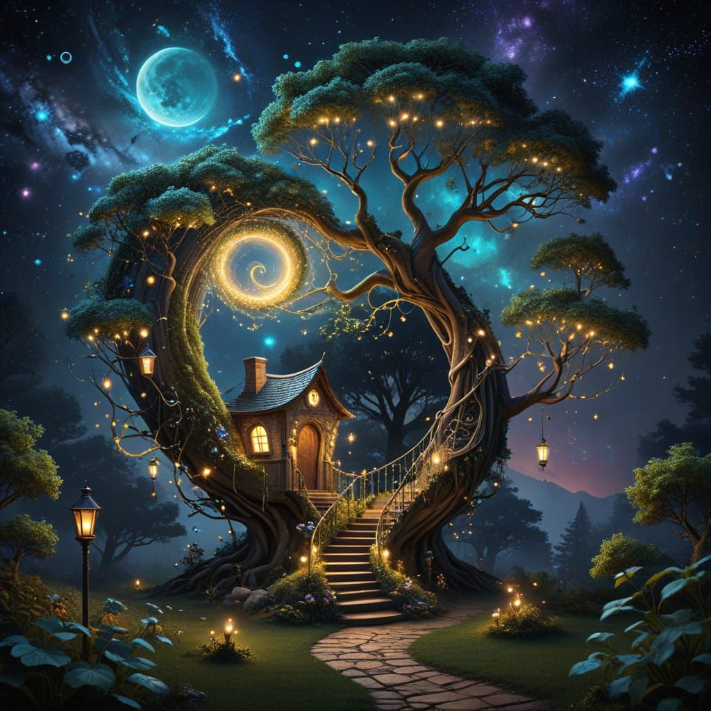 Enchanted Starry Realm with Whimsical Treehouse and Bonsai